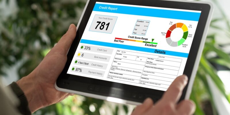 Looking at credit score on tablet after bankruptcy