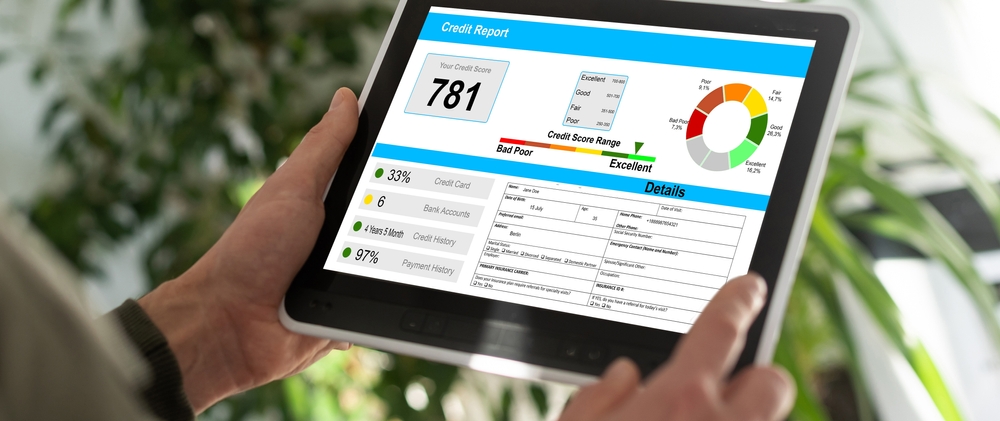Looking at credit score on tablet after bankruptcy